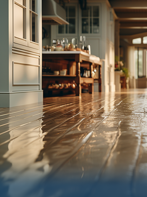 Restored shiny hardwood kitchen floor